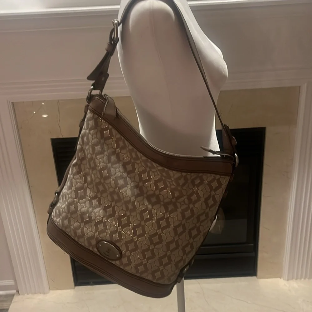 Fossil Maddox Beige metallic Leather Canvas over the shoulder hobo purse